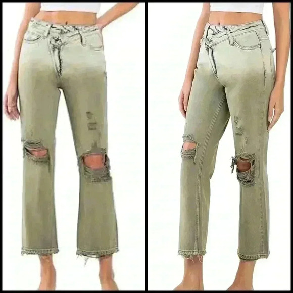 VERVET Super High Rise Criss Cross Waistband Crop Straight Jeans Olive Wash 25 - Picture 1 of 15
